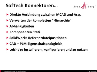 SofTech Konnektoren…
    Direkte Verbindung zwischen MCAD and Aras
    Verwalten der kompletten “Hierarchie”
    Abhängigkeiten
    Komponenten Stati
    SolidWorks Referenzdateipositionen
    CAD – PLM Eigenschaftenabgleich
    Leicht zu installieren, konfigurieren und zu nutzen




Copyright © 2012 Aras. All Rights Reserved.                aras.com
 