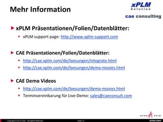 Mehr Information

    xPLM Präsentationen/Folien/Datenblätter:
             xPLM support page: http://www.xplm-support.com


    CAE Präsentationen/Folien/Datenblätter:
             http://cae.xplm.com/de/loesungen/integrate.html
             http://cae.xplm.com/de/loesungen/demo-movies.html

    CAE Demo Videos
             http://cae.xplm.com/de/loesungen/demo-movies.html
             Terminvereinbarung für Live-Demo: sales@caeconsult.com




Copyright © 2012 Aras. All Rights Reserved.   Slide 12                 aras.com
 