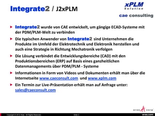 Integrate2 / J2xPLM

    Integrate2 wurde von CAE entwickelt, um gängige ECAD-Systeme mit
          der PDM/PLM-Welt zu verbinden
    Die typischen Anwender von Integrate2 sind Unternehmen die
          Produkte im Umfeld der Elektrotechnik und Elektronik herstellen und
          auch eine Strategie in Richtung Mechatronik verfolgen
    Die Lösung verbindet die Entwicklungsbereiche (CAD) mit den
          Produktionsbereichen (ERP) auf Basis eines ganzheitlichen
          Datenmanagements über PDM/PLM - Systeme
    Informationen in Form von Videos und Dokumenten erhält man über die
          Internetseite www.caeconsult.com und www.xplm.com
    Ein Termin zur Live-Präsentation erhält man auf Anfrage unter:
          sales@caeconsult.com




Copyright © 2012 Aras. All Rights Reserved.   Slide 3                           aras.com
 