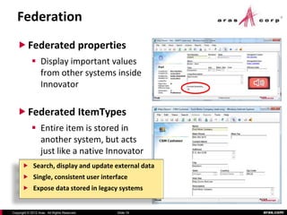 Federation
    Federated properties
             Display important values
              from other systems inside
              Innovator

    Federated ItemTypes
             Entire item is stored in
              another system, but acts
              just like a native Innovator
             item
            Search, display and update external data
       Single, consistent user interface
       Expose data stored in legacy systems


Copyright © 2012 Aras. All Rights Reserved.   Slide 19   aras.com
 