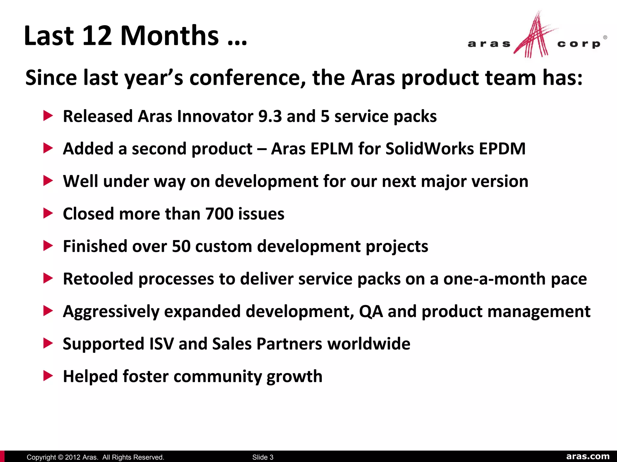 Last 12 Months …
Since last year’s conference, the Aras product team has:
    Released Aras Innovator 9.3 and 5 service packs
    Added a second product – Aras EPLM for SolidWorks EPDM
    Well under way on development for our next major version
    Closed more than 700 issues
    Finished over 50 custom development projects
    Retooled processes to deliver service packs on a one-a-month pace
    Aggressively expanded development, QA and product management
    Supported ISV and Sales Partners worldwide
    Helped foster community growth



Copyright © 2012 Aras. All Rights Reserved.   Slide 3              aras.com
 