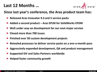 Last 12 Months …
Since last year’s conference, the Aras product team has:
    Released Aras Innovator 9.3 and 5 service packs
    Added a second product – Aras EPLM for SolidWorks EPDM
    Well under way on development for our next major version
    Closed more than 700 issues
    Finished over 50 custom development projects
    Retooled processes to deliver service packs on a one-a-month pace
    Aggressively expanded development, QA and product management
    Supported ISV and Sales Partners worldwide
    Helped foster community growth



Copyright © 2012 Aras. All Rights Reserved.   Slide 3              aras.com
 