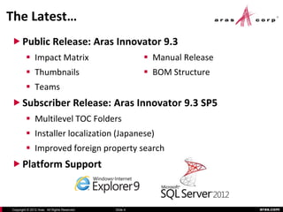 The Latest…
 Public Release: Aras Innovator 9.3
          Impact Matrix                                 Manual Release
          Thumbnails                                    BOM Structure
          Teams
 Subscriber Release: Aras Innovator 9.3 SP5
          Multilevel TOC Folders
          Installer localization (Japanese)
          Improved foreign property search
 Platform Support



Copyright © 2012 Aras. All Rights Reserved.   Slide 4                      aras.com
 