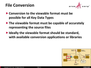 File Conversion
    Conversion to the viewable format must be
          possible for all Key Data Types
    The viewable format must be capable of accurately
     representing the source files
    Ideally the viewable format should be standard,
     with available conversion applications or libraries


                                                                              Enterprise                        Markup &
                                                                              Viewing                  Markup
                                                                                                                Collaboration




                                                         MS-Office                                                          Work Package
                                                                                                                            Generation

                                                                                                                                 Work
                                                                    File                   Viewable
                                                                                            Viewable                            Package
                                                                 Conversion


                                                         CAD Native

                                                                                                                 Metadata


                                                                                       Advanced View
                                                                                       & Analysis



Copyright © 2012 Aras. All Rights Reserved.   Slide 14                                                                aras.com
 