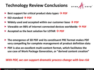 Technology Review Conclusions
 Best support for critical product data types  PDF
 ISO standard  PDF
 Widely used and accepted within our customer base  PDF
 Viewable on 98% of Internet connected devices worldwide  PDF
 Accepted as the best solution for LOTAR  PDF


 The emergence of 3D PDF and its constituent PRC format makes PDF
       very compelling for complete management of product definition data
 PDF is also an excellent multi-content format, which facilitates the
       use case of Work Package Generation, or “derived content creation”


   With PDF, we can support dramatic process change with low risk

Copyright © 2012 Aras. All Rights Reserved.   Slide 21                aras.com
 
