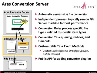 Aras Conversion Server
 Aras Innovator Server
      Aras Innovator Process
                                                   Automatic server-side file conversion

                                    Source File
                                                   Independent process, typically run on File
                    Document
                                                    Server machine for best performance
                 Conversion Task                   Conversion Rules process specific file
                                                    types, related to specific item types

 Conversion Server
                                                   Conversion Task queuing, re-tries, and
                                                    timeouts
                              Converter 1

                              Converter 2
                                                   Customizable Task Event Methods
       Conversion
        Directory                                     OnStartTaskProcessing, OnBeforeConvert,
                                                       OnAfterConvert
 File Server                                       Public API for adding converter plug-ins
               Source File
                             Vault


 Copyright © 2012 Aras. All Rights Reserved.              Slide 9                                aras.com
 