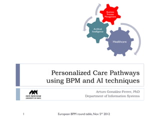 Business
                                                 Process
                                               Management




                                  Artificial
                                Intelligence



                                                      Healthcare




     Personalized Care Pathways
    using BPM and AI techniques
                                Arturo González-Ferrer, PhD
                          Department of Information Systems




1      European BPM round table, Nov 5th 2012
 