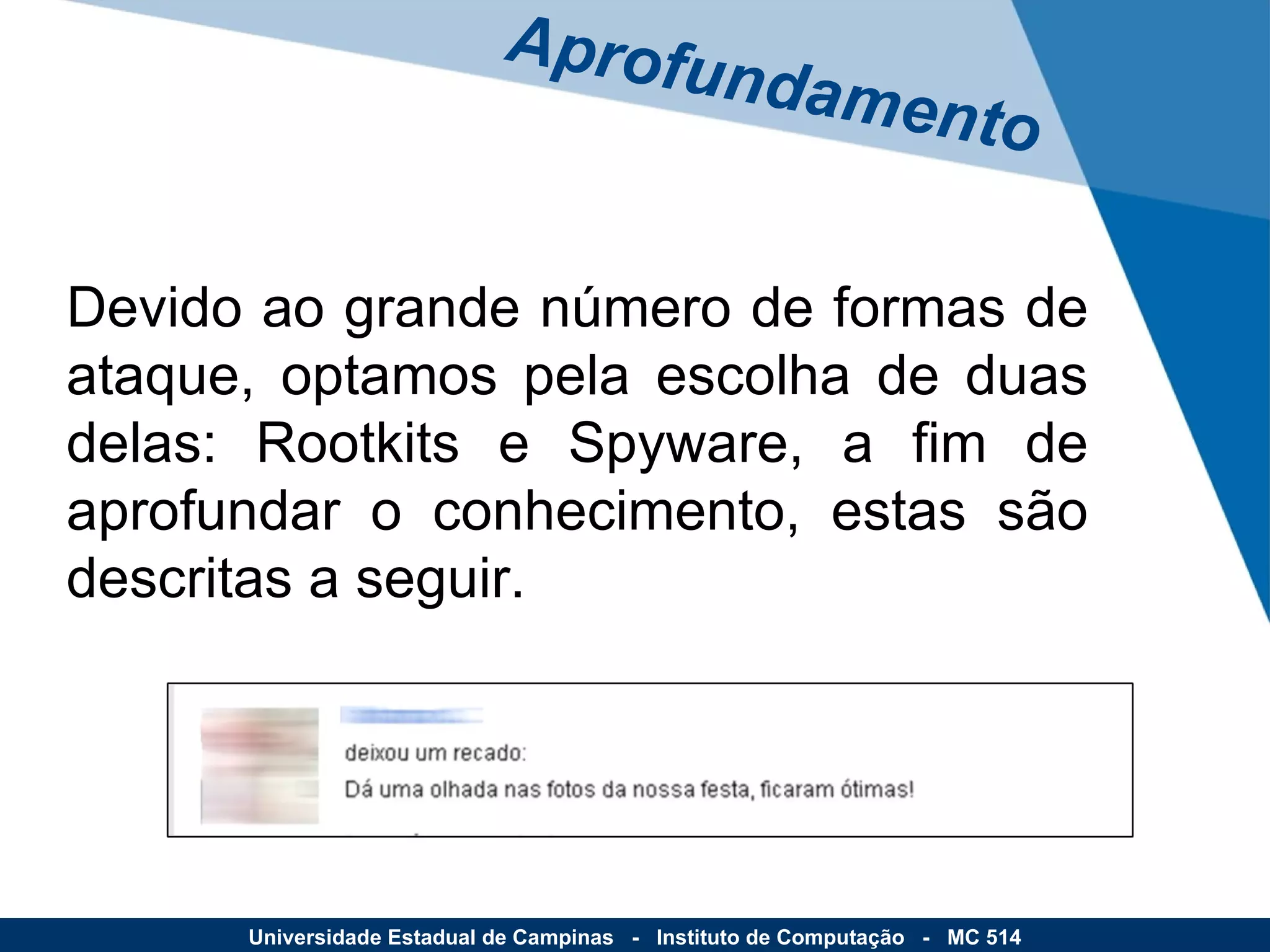 Devido ao grande número de formas de ataque, optamos pela escolha de duas delas: Rootkits e Spyware, a fim de aprofundar o conhecimento, estas são descritas a seguir. Aprofundamento Universidade Estadual de Campinas  -  Instituto de Computação  -  MC 514 