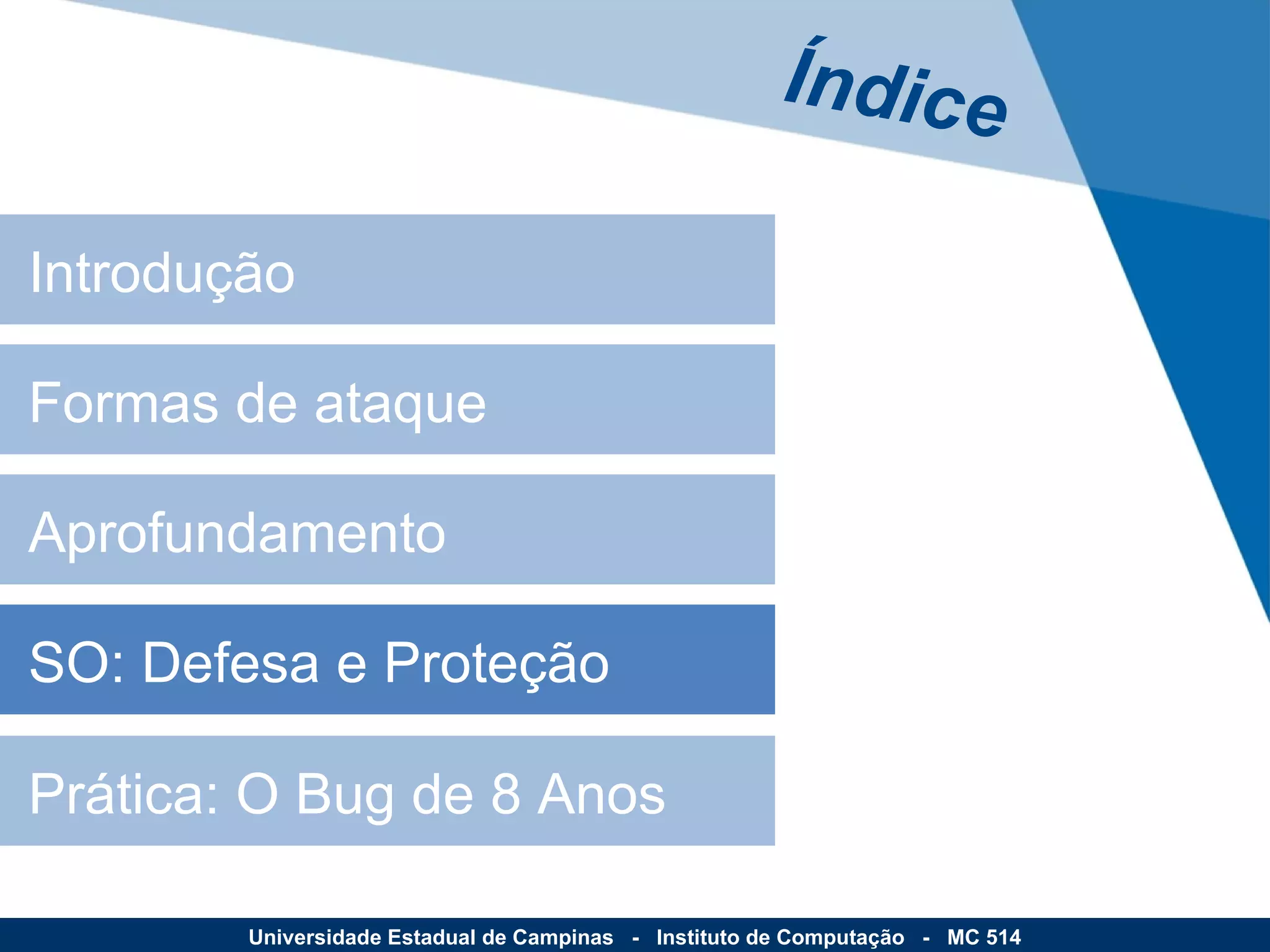 Introdução Formas de ataque Aprofundamento SO: Defesa e Proteção Prática: O Bug de 8 Anos Índice Universidade Estadual de Campinas  -  Instituto de Computação  -  MC 514 
