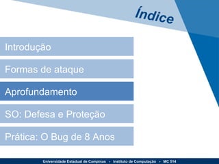 Aprofundamento SO: Defesa e Proteção Prática: O Bug de 8 Anos Introdução Formas de ataque Índice Universidade Estadual de Campinas  -  Instituto de Computação  -  MC 514 