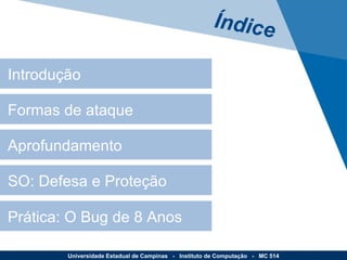 Introdução Formas de ataque Aprofundamento SO: Defesa e Proteção Prática: O Bug de 8 Anos Índice Universidade Estadual de Campinas  -  Instituto de Computação  -  MC 514 