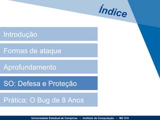 Introdução Formas de ataque Aprofundamento SO: Defesa e Proteção Prática: O Bug de 8 Anos Índice Universidade Estadual de Campinas  -  Instituto de Computação  -  MC 514 