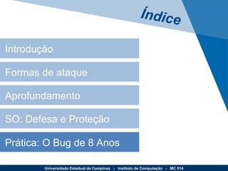 Introdução Formas de ataque Aprofundamento SO: Defesa e Proteção Prática: O Bug de 8 Anos Índice Universidade Estadual de Campinas  -  Instituto de Computação  -  MC 514 