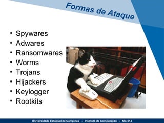 Spywares Adwares Ransomwares Worms Trojans Hijackers Keylogger Rootkits Formas de Ataque Universidade Estadual de Campinas  -  Instituto de Computação  -  MC 514 