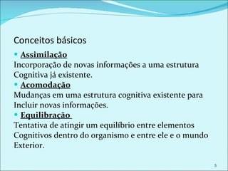 Conceitos básicos Assimilação Incorporação de novas informações a uma estrutura Cognitiva já existente. Acomodação Mudanças em uma estrutura cognitiva existente para  Incluir novas informações. Equilibração  Tentativa de atingir um equilíbrio entre elementos Cognitivos dentro do organismo e entre ele e o mundo Exterior. 