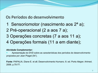 Os Períodos do desenvolvimento 1  Sensoriomotor (nascimento aos 2ª a); 2 Pré-operacional (2 a aos 7 a); 3 Operações concretas (7 a aos 11 a); 4 Operações formais (11 a em diante); Atividade Complementar: Apresentação do DVD sobre as características dos períodos do desenvolvimento propostos por Jean Piaget (54’). Fonte : PAPALIA, Diane E. et all. Desenvolvimento Humano. 8. ed. Porto Alegre: Artmed.  2006. p.70-77. 