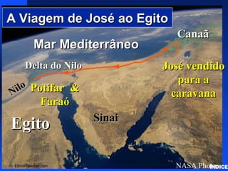 Click to add title
Click to add textClick to add text
EgitoEgito
Nilo
Nilo
Delta do NiloDelta do Nilo
Mar MediterrâneoMar Mediterrâneo
NASA Photo
SinaiSinai
CanaãCanaã
© EBibleTeacher.com
A Viagem de José ao EgitoA Viagem de José ao Egito
José vendidoJosé vendido
para apara a
caravanacaravanaPotifar &Potifar &
FaraóFaraó
Joseph’sJourneytoEgypt
ÍNDICE
 
