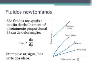 Fluidos newtonianos
São fluidos nos quais a
tensão de cisalhamento é
diretamente proporcional
à taxa de deformação:
Exemplos: ar, água, boa
parte dos óleos.
xy
u
y
 
