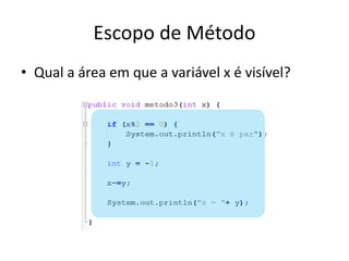 Escopo de Método
• Qual a área em que a variável x é visível?
 