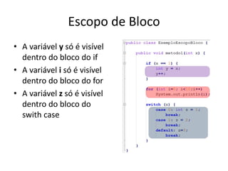 Escopo de Bloco
• A variável y só é visível
dentro do bloco do if
• A variável i só é visível
dentro do bloco do for
• A variável z só é visível
dentro do bloco do
swith case
 