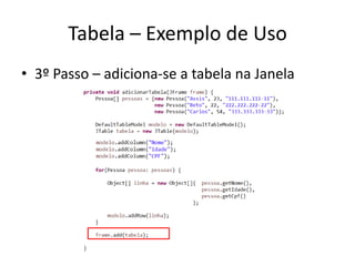 Tabela – Exemplo de Uso
• 3º Passo – adiciona-se a tabela na Janela
 