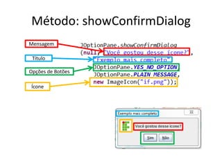 Método: showConfirmDialog
Mensagem
Título
Opções de Botões
Ícone
 