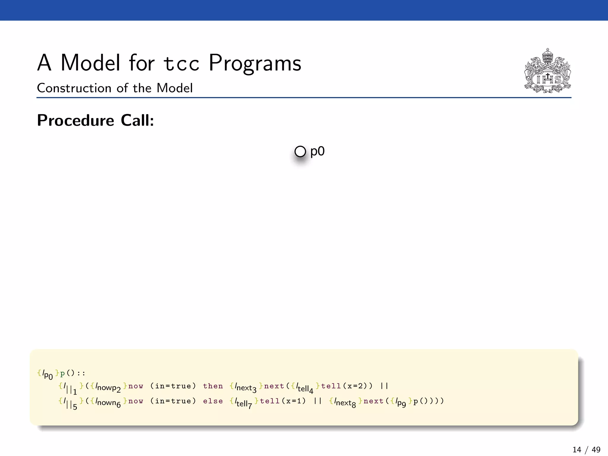 A Model for tcc Programs
Construction of the Model
Procedure Call:
p0
{lp0
}p()::
{l||1
}({lnowp2
}now (in=true) then {lnext3
}next({ltell4
}tell(x=2)) ||
{l||5
}({lnown6
}now (in=true) else {ltell7
}tell(x=1) || {lnext8
}next({lp9
}p())))
14 / 49
 