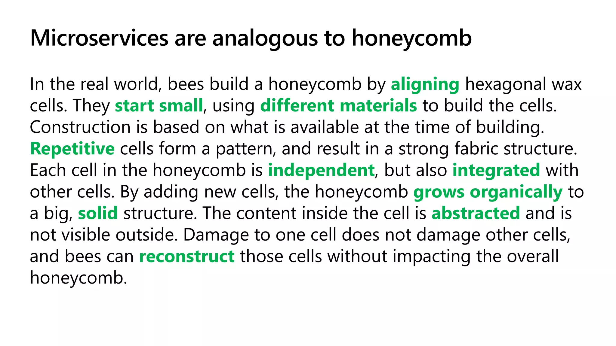 Microservices are analogous to honeycomb
aligning
start small different materials
Repetitive
independent integrated
grows organically
solid abstracted
reconstruct
 