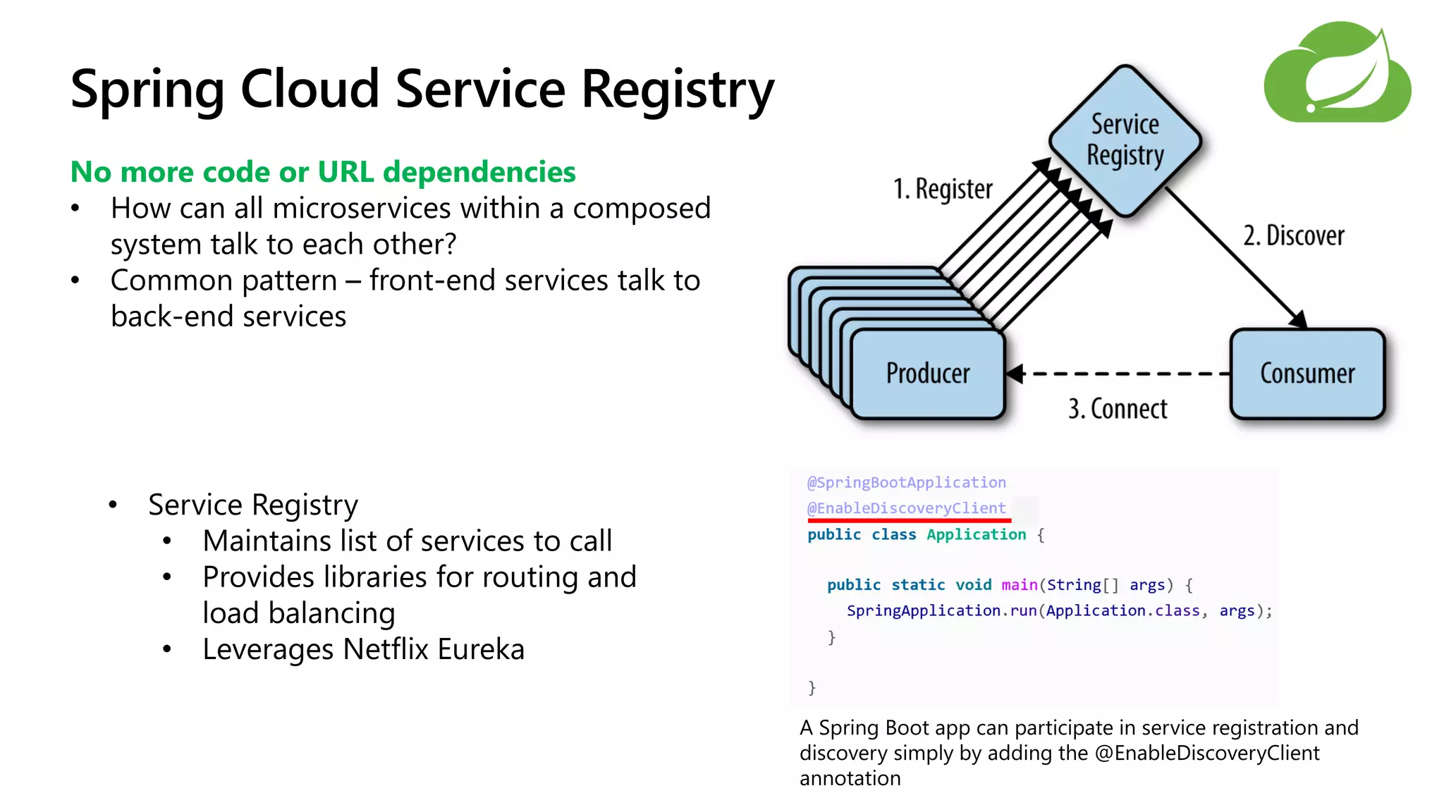 Spring Cloud Service Registry
No more code or URL dependencies
 