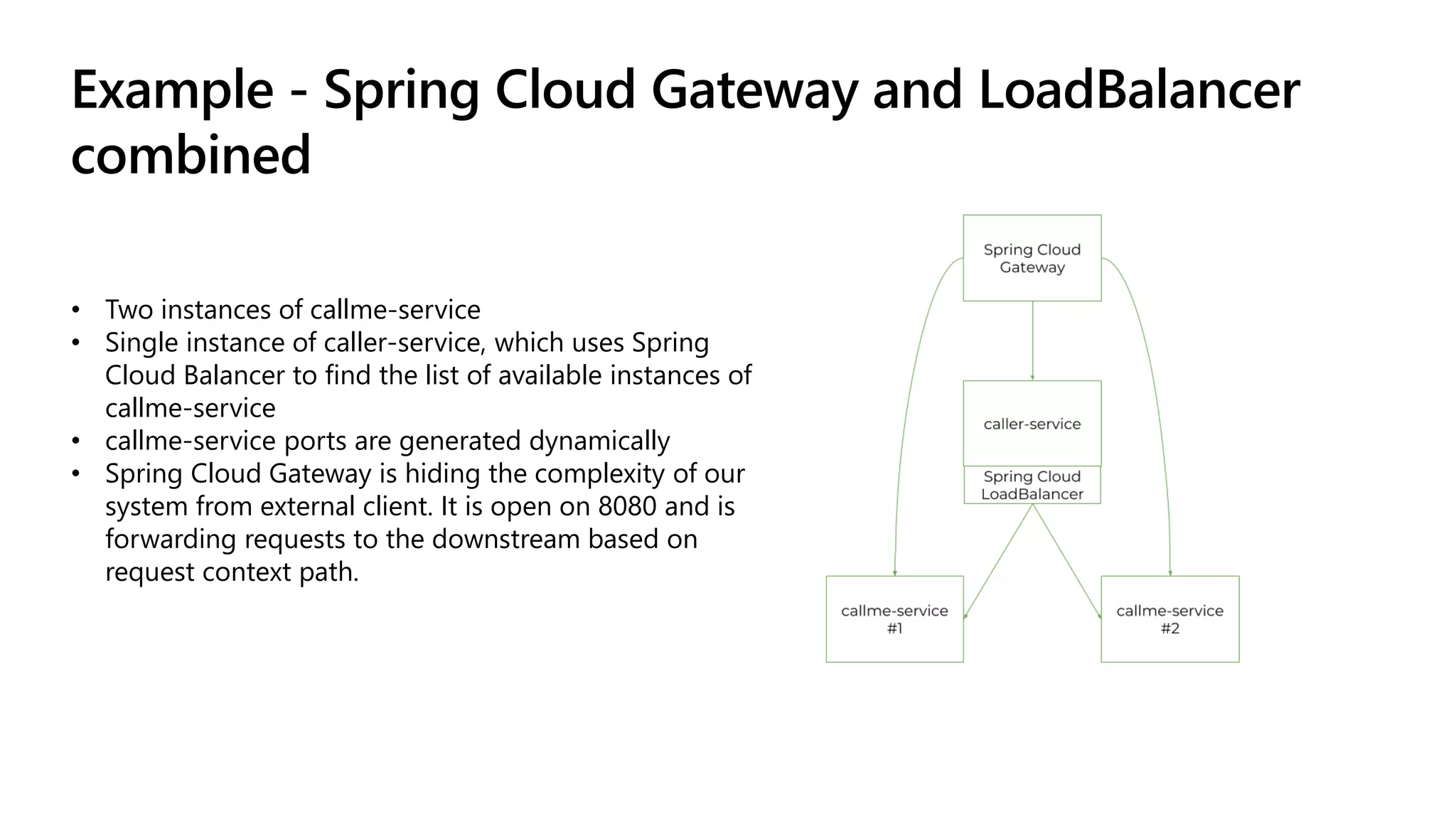 Example - Spring Cloud Gateway and LoadBalancer
combined
• Two instances of callme-service
• Single instance of caller-service, which uses Spring
Cloud Balancer to find the list of available instances of
callme-service
• callme-service ports are generated dynamically
• Spring Cloud Gateway is hiding the complexity of our
system from external client. It is open on 8080 and is
forwarding requests to the downstream based on
request context path.
 