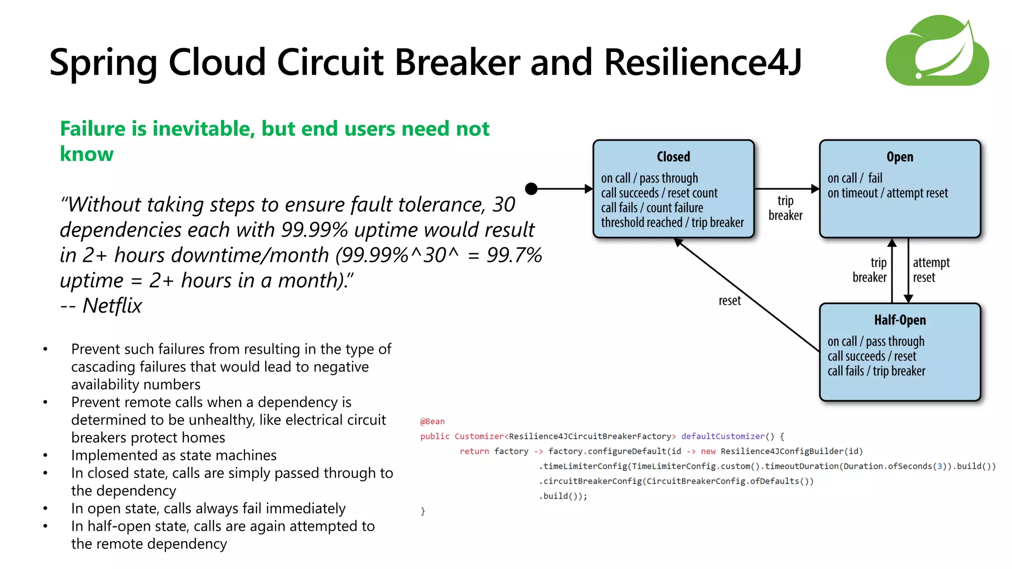 Spring Cloud Circuit Breaker and Resilience4J
Failure is inevitable, but end users need not
know
 
