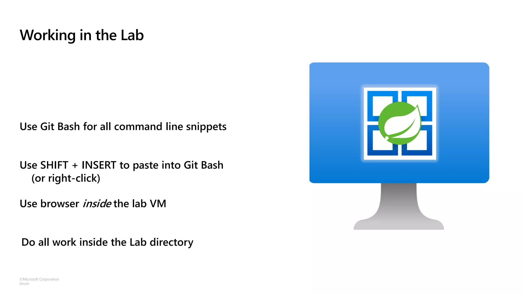 ©Microsoft Corporation
Azure
Working in the Lab
Use Git Bash for all command line snippets
Use SHIFT + INSERT to paste into Git Bash
(or right-click)
Use browser inside the lab VM
Do all work inside the Lab directory
 
