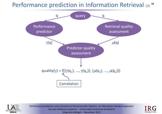 Performance prediction and evaluation in Recommender Systems: an Information Retrieval perspective