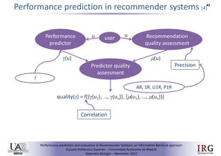 Performance prediction and evaluation in Recommender Systems: an Information Retrieval perspective