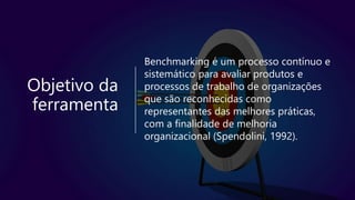Objetivo da
ferramenta
Benchmarking é um processo contínuo e
sistemático para avaliar produtos e
processos de trabalho de organizações
que são reconhecidas como
representantes das melhores práticas,
com a finalidade de melhoria
organizacional (Spendolini, 1992).
 
