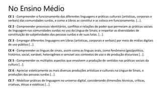 No Ensino Médio
CE 1 - Compreender o funcionamento das diferentes linguagens e práticas culturais (artísticas, corporais e
verbais) das comunidades surdas, e como a Libras as constitui e as coloca em funcionamento. [...].
CE 2 - Compreender processos identitários, conflitos e relações de poder que permeiam as práticas sociais
de linguagem nas comunidades surdas no uso da Língua de Sinais; e respeitar as diversidades de
constituição de subjetividades das pessoas surdas e de suas lutas. [...].
CE 3 - Empregar diferentes linguagens em Libras (artísticas, corporais e verbais) por meio de mídias digitais
de uso público [...].
CE 4 - Compreender as línguas de sinais, assim como as línguas orais, como fenômeno (geo)político,
histórico, social, variável, heterogêneo e sensível aos contextos de uso e de produção discursiva [...].
CE 5 - Compreender os múltiplos aspectos que envolvem a produção de sentidos nas práticas sociais da
cultura [...].
CE 6 - Apreciar esteticamente as mais diversas produções artísticas e culturais na Língua de Sinais, e
produções das pessoas surdas [...].
CE 7 - Mobilizar práticas de linguagem no universo digital, considerando dimensões técnicas, críticas,
criativas, éticas e estéticas [...].
 