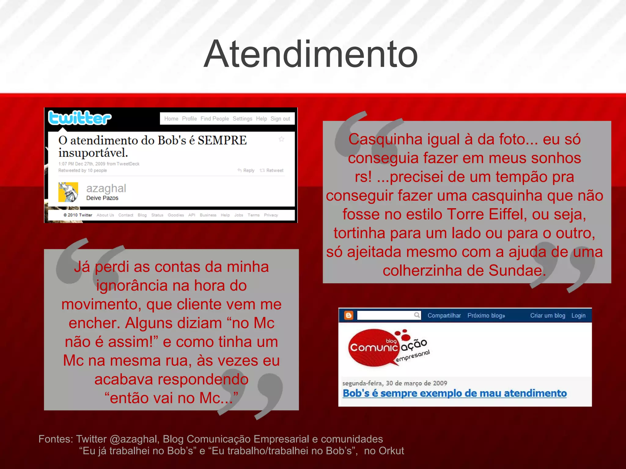 Atendimento Fontes: Twitter @azaghal, Blog Comunicação Empresarial e comunidades    “Eu já trabalhei no Bob’s” e “Eu trabalho/trabalhei no Bob’s”,  no Orkut Casquinha igual à da foto... eu só conseguia fazer em meus sonhos rs! ...precisei de um tempão pra conseguir fazer uma casquinha que não fosse no estilo Torre Eiffel, ou seja, tortinha para um lado ou para o outro, só ajeitada mesmo com a ajuda de uma colherzinha de Sundae. Já perdi as contas da minha ignorância na hora do movimento, que cliente vem me encher. Alguns diziam “no Mc não é assim!” e como tinha um Mc na mesma rua, às vezes eu acabava respondendo “então vai no Mc...” 