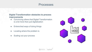 Digital Transformation obstacles to process
improvements
● Convincing others that Digital Transformation
is a lot more than just digitalization
● Entrenched ways of doing things
● Locating where the problem is
● Scaling out your process
Processes
 