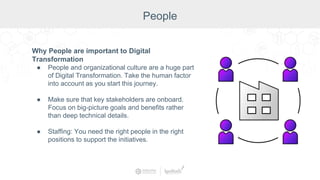 Why People are important to Digital
Transformation
● People and organizational culture are a huge part
of Digital Transformation. Take the human factor
into account as you start this journey.
● Make sure that key stakeholders are onboard.
Focus on big-picture goals and benefits rather
than deep technical details.
● Staffing: You need the right people in the right
positions to support the initiatives.
People
 