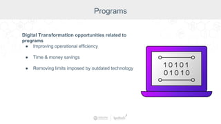 Digital Transformation opportunities related to
programs
● Improving operational efficiency
● Time & money savings
● Removing limits imposed by outdated technology
Programs
 