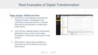 Edge project: DSI/Ennis-Flint
● Ennis-Flint, a manufacturer of pavement-
marking solutions, developed a new
continuous mixing process for a material
that used to be produced in single-batch
kettle mixers.
● Up to 20 raw material feeders continuously
feeding the mixer at the correct ratios;
fluctuations in feed rates could result in bad
product
● With Ignition, they quickly identified an
issue with one of the feeders and could
start fixing it.
Real Examples of Digital Transformation
 