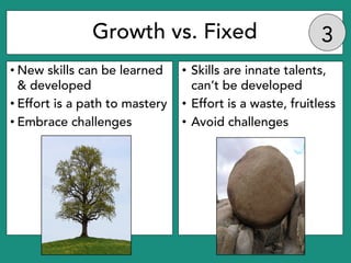 Growth vs. Fixed
• New skills can be learned
& developed
• Effort is a path to mastery
• Embrace challenges
• Skills are i...