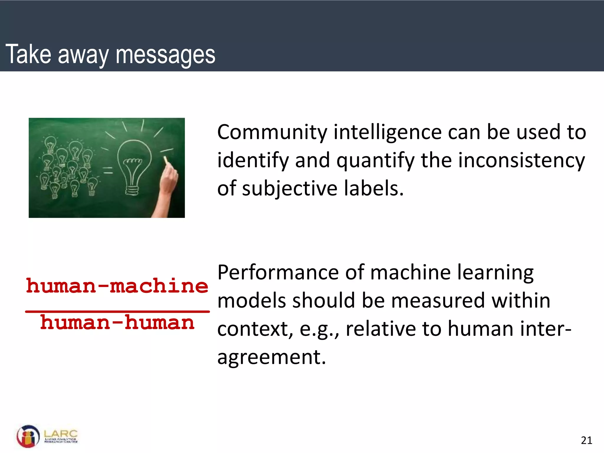 SMU Classification: Restricted
21
Community intelligence can be used to
identify and quantify the inconsistency
of subjective labels.
Performance of machine learning
models should be measured within
context, e.g., relative to human inter-
agreement.
human-machine
_____________
human-human
Take away messages
 