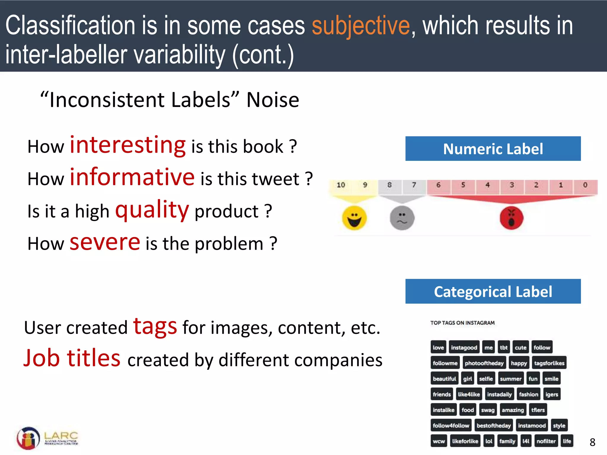 SMU Classification: Restricted
8
“Inconsistent Labels” Noise
Classification is in some cases subjective, which results in
inter-labeller variability (cont.)
How interesting is this book ?
How informative is this tweet ?
Is it a high quality product ?
How severe is the problem ?
User created tags for images, content, etc.
Job titles created by different companies
Numeric Label
Categorical Label
 