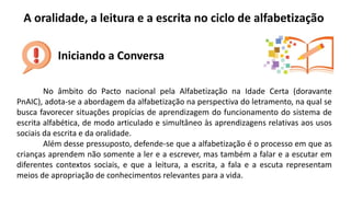 No âmbito do Pacto nacional pela Alfabetização na Idade Certa (doravante
PnAIC), adota-se a abordagem da alfabetização na perspectiva do letramento, na qual se
busca favorecer situações propícias de aprendizagem do funcionamento do sistema de
escrita alfabética, de modo articulado e simultâneo às aprendizagens relativas aos usos
sociais da escrita e da oralidade.
Além desse pressuposto, defende-se que a alfabetização é o processo em que as
crianças aprendem não somente a ler e a escrever, mas também a falar e a escutar em
diferentes contextos sociais, e que a leitura, a escrita, a fala e a escuta representam
meios de apropriação de conhecimentos relevantes para a vida.
A oralidade, a leitura e a escrita no ciclo de alfabetização
Iniciando a Conversa
 