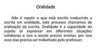 Oralidade
Não é repetir o que está escrito traduzindo a
escrita em oralidade, este processo chamamos de
oralização da escrita. Oralidade é a capacidade do
sujeito se expressar em diferentes situações
cotidianas e isso a escola precisa ensinar, por isso
esse eixo precisa ser trabalhado pelo professor;
 