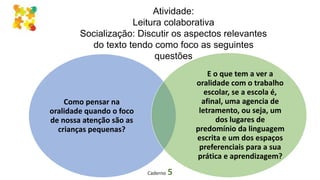 Como pensar na
oralidade quando o foco
de nossa atenção são as
crianças pequenas?
E o que tem a ver a
oralidade com o trabalho
escolar, se a escola é,
afinal, uma agencia de
letramento, ou seja, um
dos lugares de
predomínio da linguagem
escrita e um dos espaços
preferenciais para a sua
prática e aprendizagem?
Caderno 5
Atividade:
Leitura colaborativa
Socialização: Discutir os aspectos relevantes
do texto tendo como foco as seguintes
questões
 