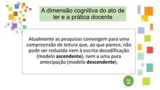 34/
35
Atualmente as pesquisas convergem para uma
compreensão de leitura que, ao que parece, não
pode ser reduzida nem à escrita-decodificação
(modelo ascendente), nem a uma pura
antecipação (modelo descendente).
A dimensão cognitiva do ato de
ler e a prática docente
 