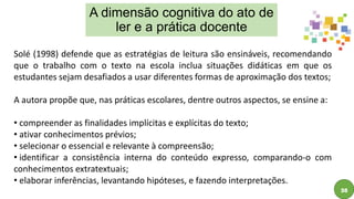 35
A dimensão cognitiva do ato de
ler e a prática docente
Solé (1998) defende que as estratégias de leitura são ensináveis, recomendando
que o trabalho com o texto na escola inclua situações didáticas em que os
estudantes sejam desafiados a usar diferentes formas de aproximação dos textos;
A autora propõe que, nas práticas escolares, dentre outros aspectos, se ensine a:
• compreender as finalidades implícitas e explícitas do texto;
• ativar conhecimentos prévios;
• selecionar o essencial e relevante à compreensão;
• identificar a consistência interna do conteúdo expresso, comparando-o com
conhecimentos extratextuais;
• elaborar inferências, levantando hipóteses, e fazendo interpretações.
 