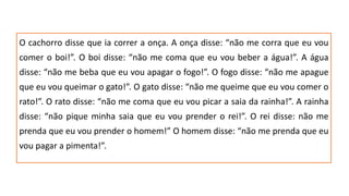 O cachorro disse que ia correr a onça. A onça disse: “não me corra que eu vou
comer o boi!”. O boi disse: “não me coma que eu vou beber a água!”. A água
disse: “não me beba que eu vou apagar o fogo!”. O fogo disse: “não me apague
que eu vou queimar o gato!”. O gato disse: “não me queime que eu vou comer o
rato!”. O rato disse: “não me coma que eu vou picar a saia da rainha!”. A rainha
disse: “não pique minha saia que eu vou prender o rei!”. O rei disse: não me
prenda que eu vou prender o homem!” O homem disse: “não me prenda que eu
vou pagar a pimenta!”.
 